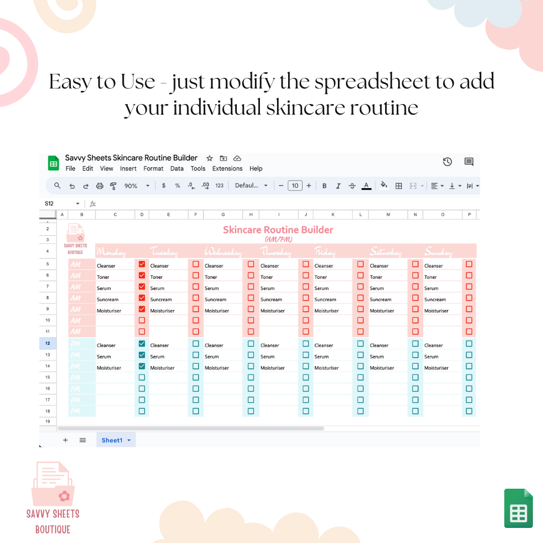 Savvy Sheets - Simple Skincare Routine Spreadsheet AM PM - Google Sheets Instant Download