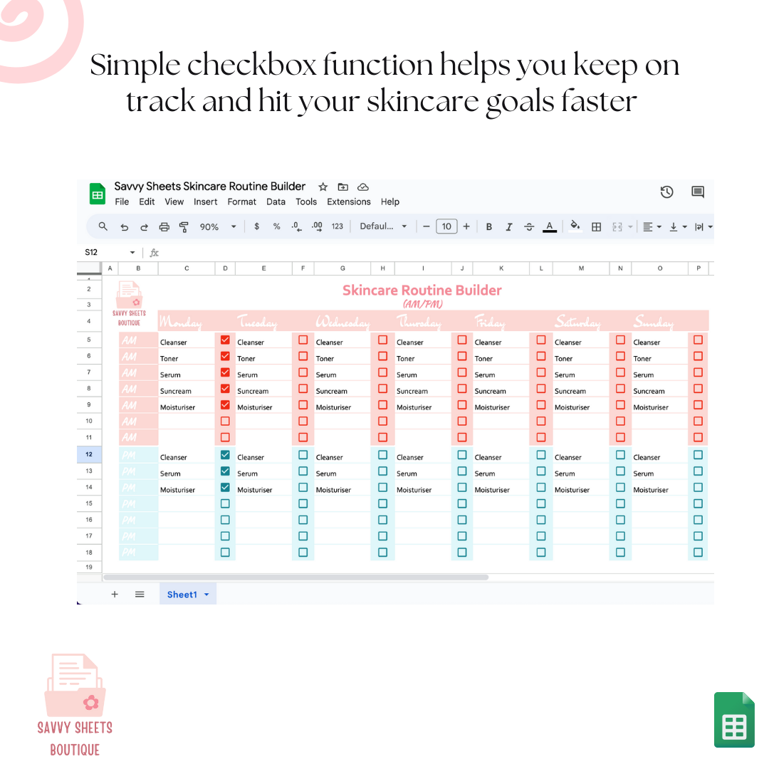 Savvy Sheets - Simple Skincare Routine Spreadsheet AM PM - Google Sheets Instant Download