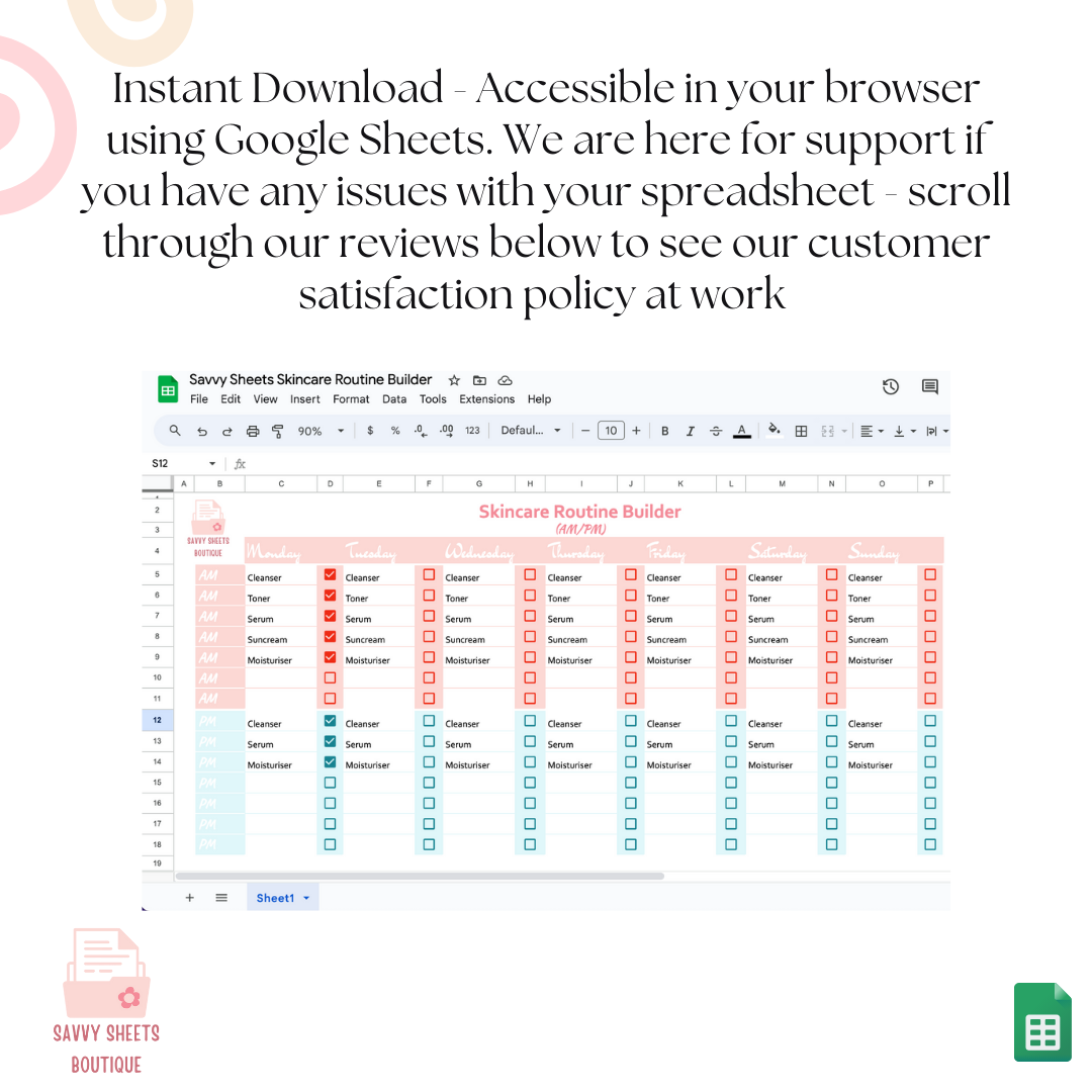 Savvy Sheets - Simple Skincare Routine Spreadsheet AM PM - Google Sheets Instant Download