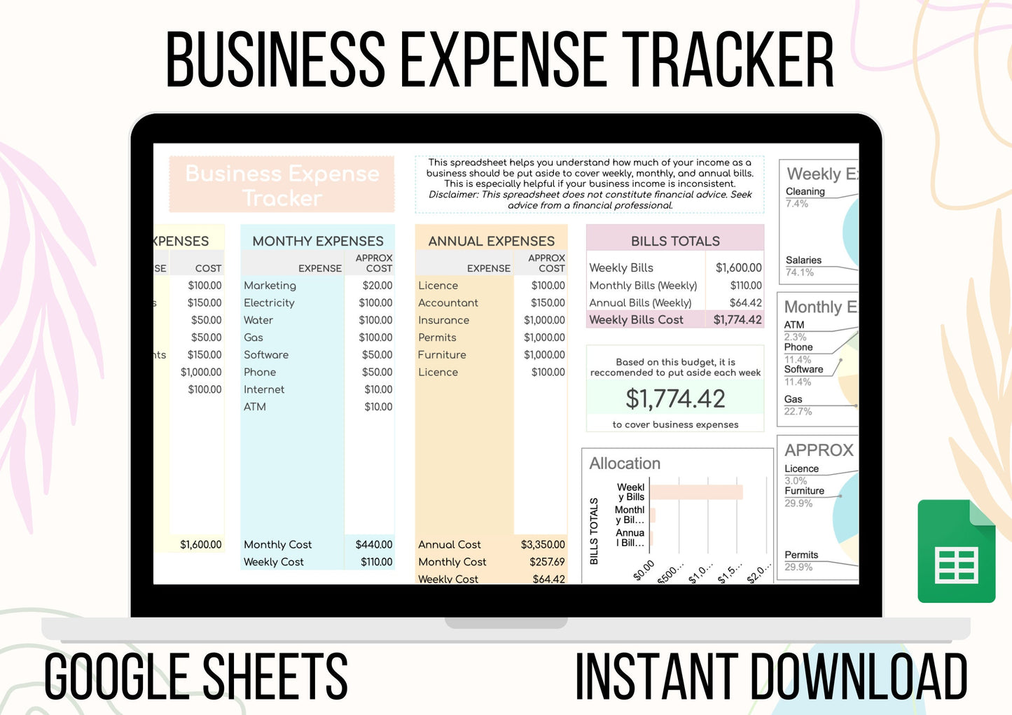 Business Expenses Tracker Budget Spreadsheet- Google Sheets Instant Download