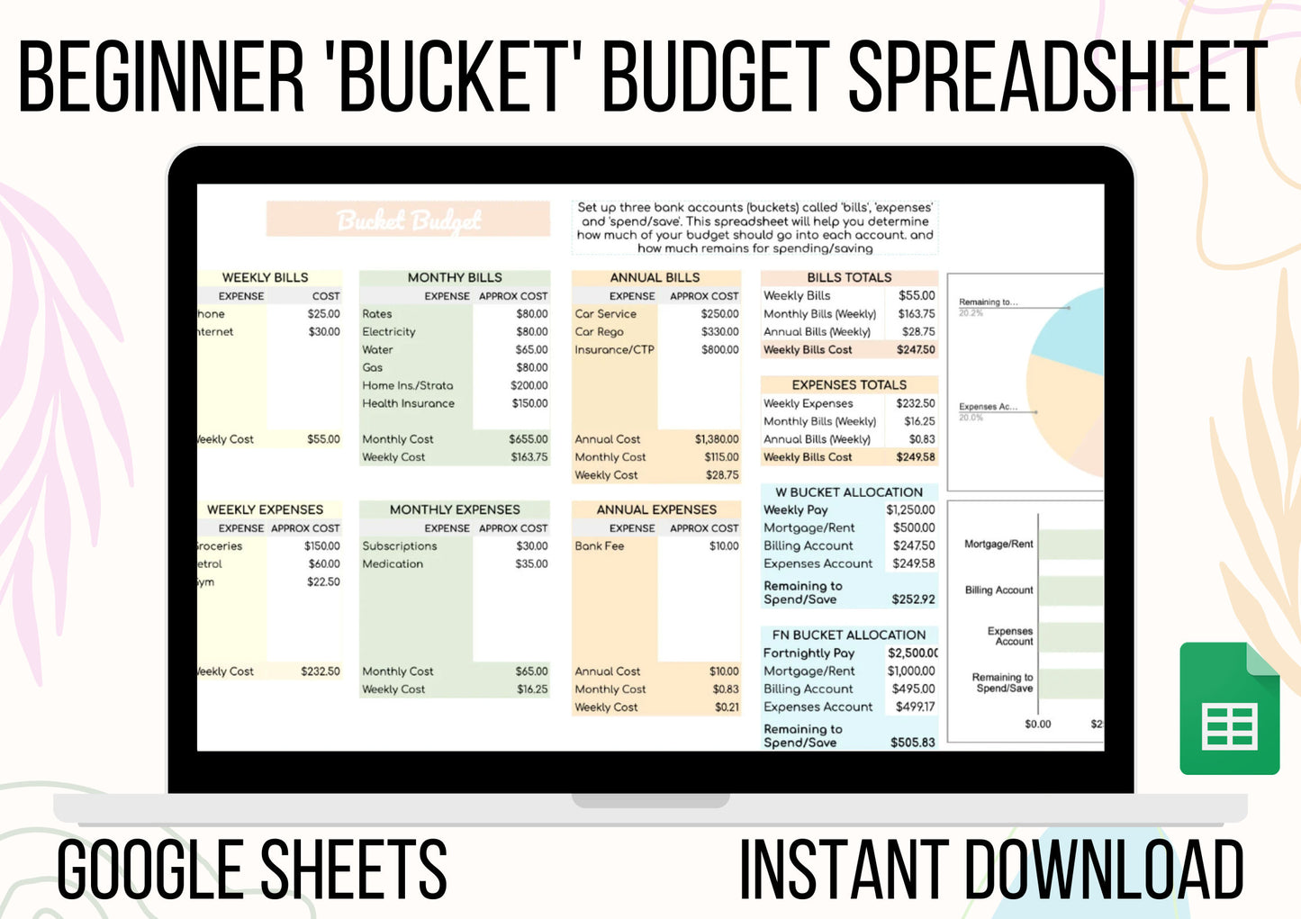 Savvy Sheets - Bucket Budget Spreadsheet - Google Sheets Instant Download