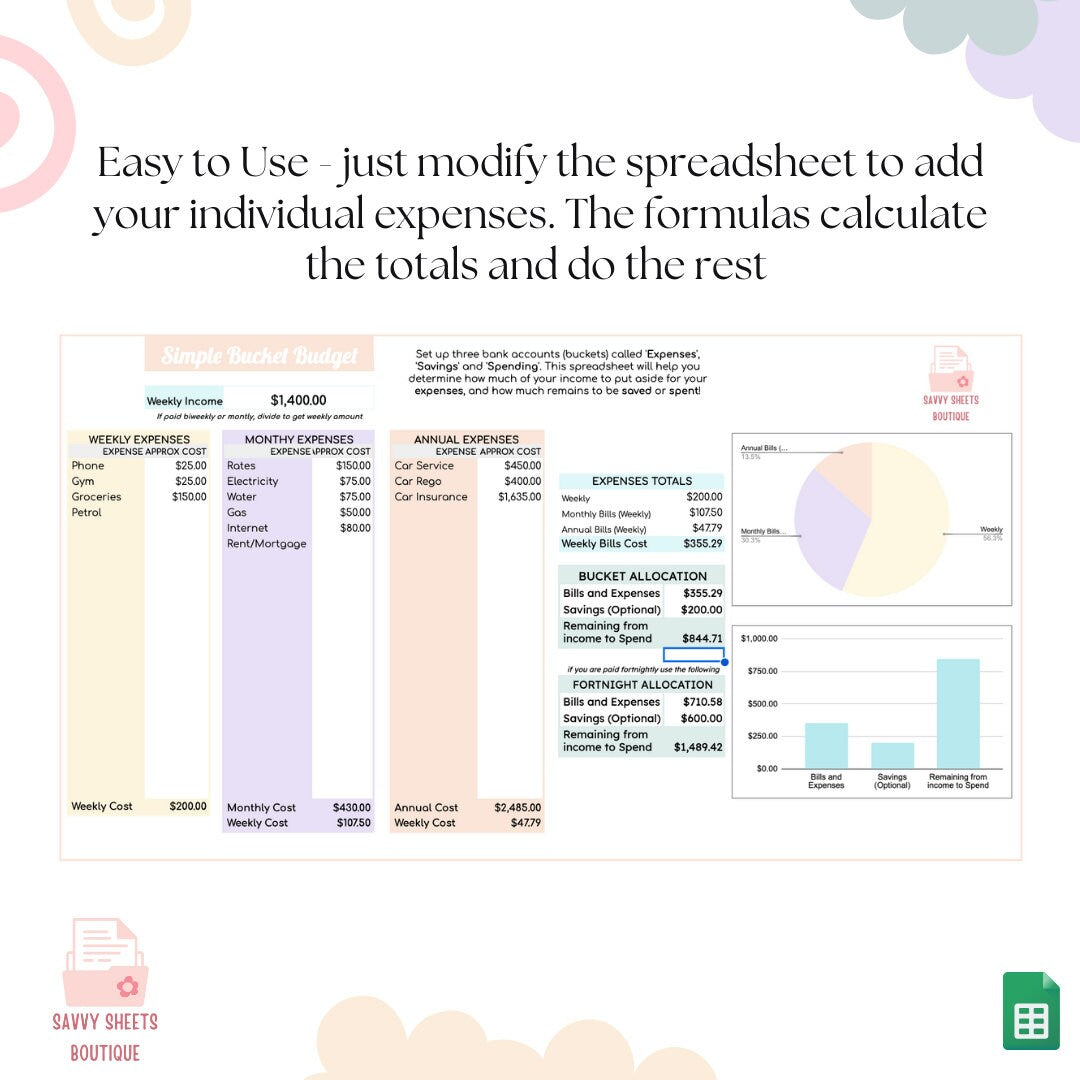 Simple Bucket Budget Spreadsheet - Google Sheets Instant Download