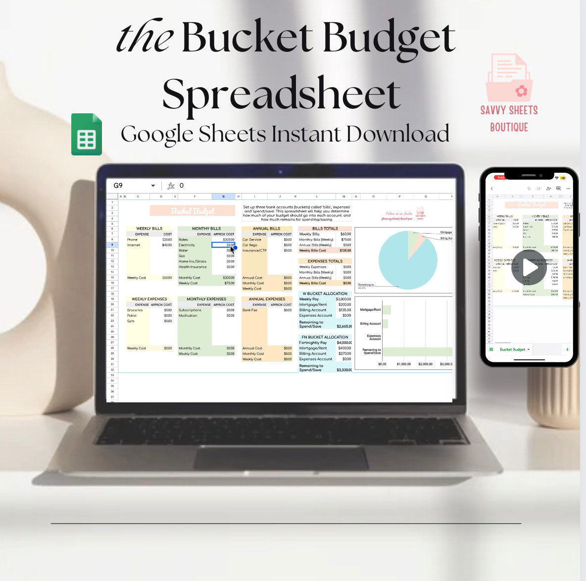 Savvy Sheets - Bucket Budget Spreadsheet - Google Sheets Instant Download