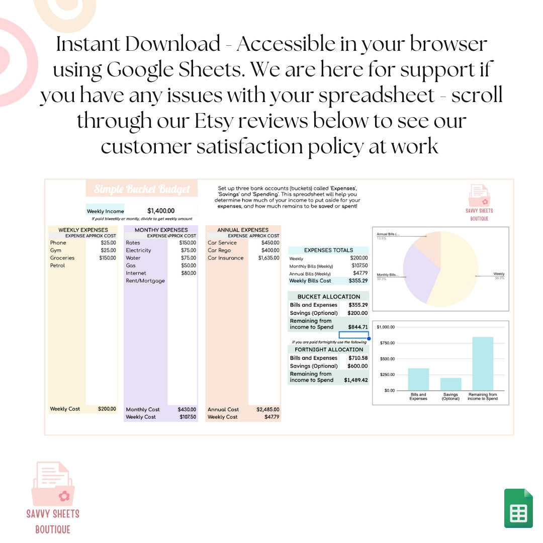 Simple Bucket Budget Spreadsheet - Google Sheets Instant Download